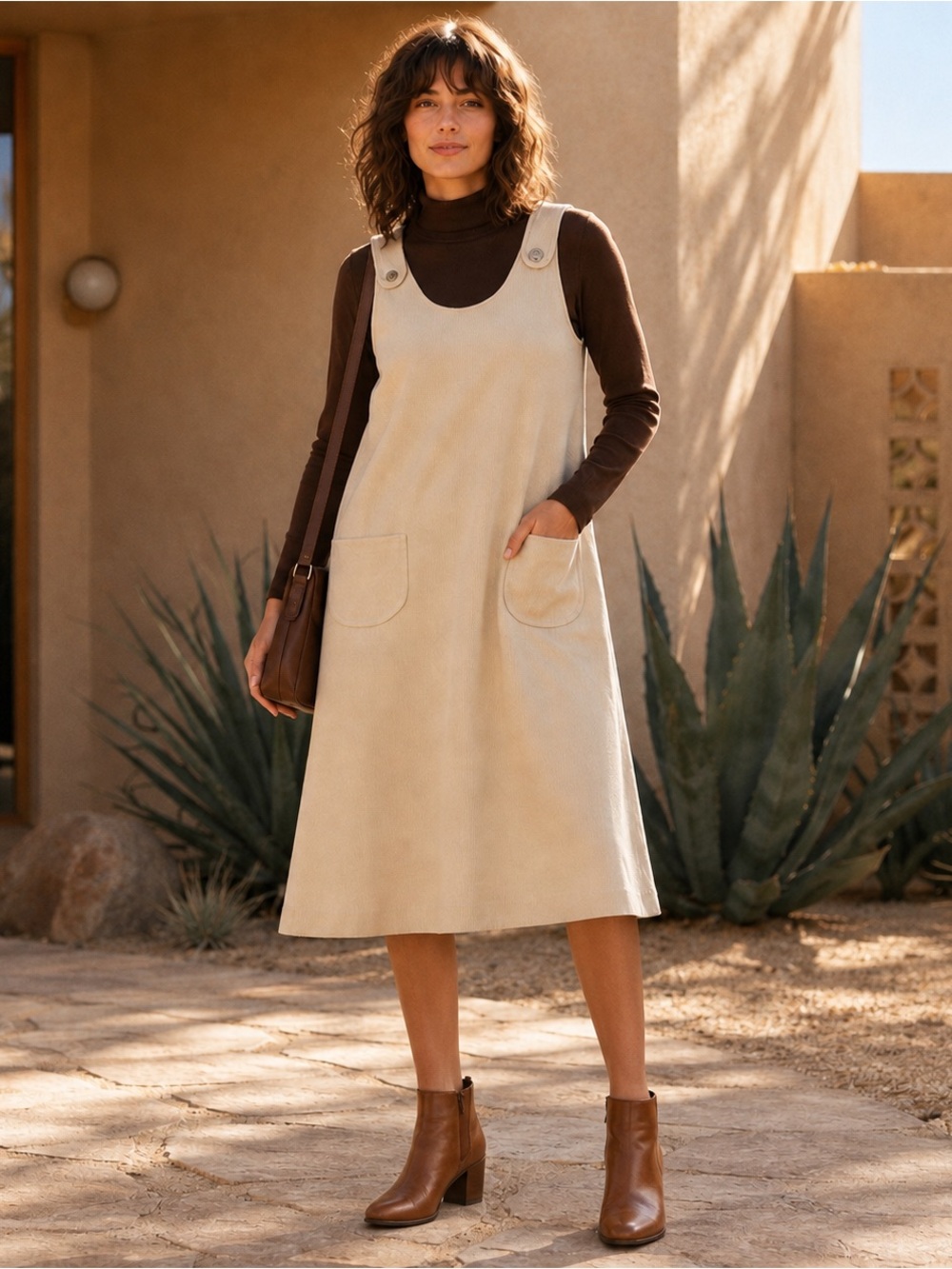 Vintage Handmade Beige Mod Corduroy Pinafore Dress L Minimalist Neautral
